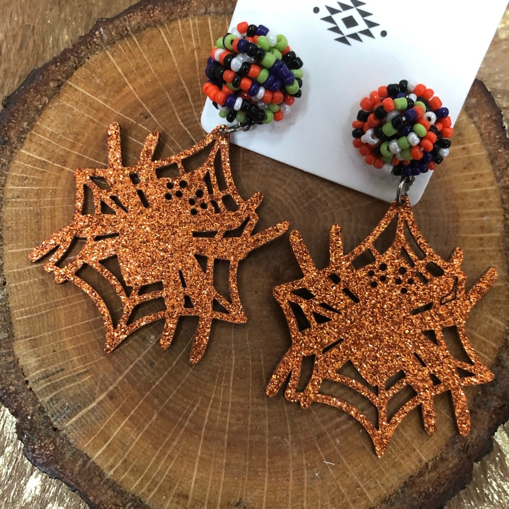 Orange Glitter Spider and Seed Bead Halloween Earrings
